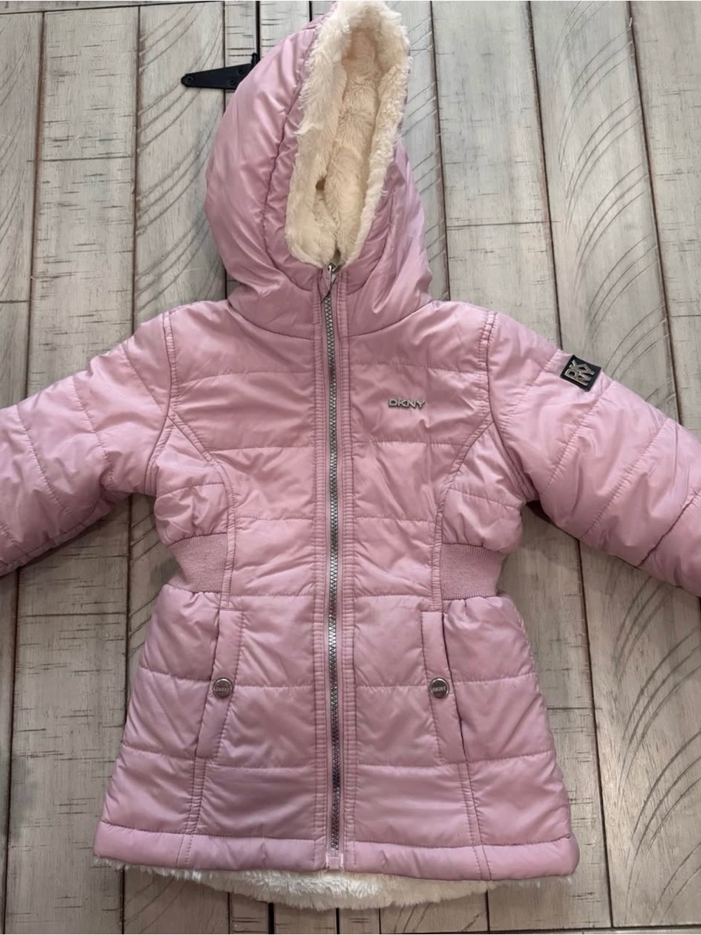DKNY Girls' Light Pink Hooded Puffer Jacket with Faux Fur Trim